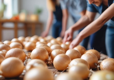 A person in a red shirt is manually operating a machine used for processing or handling leaves or fibrous plants. The machine is positioned beside a building with a corrugated metal wall. In front of the machine, there is a pile of green plant material on the ground.