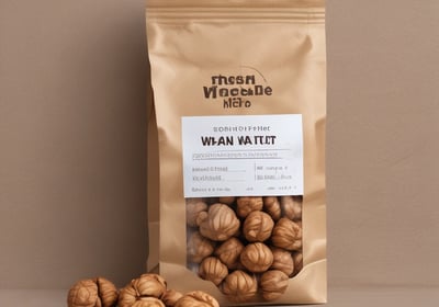 A clear plastic bag containing California almonds is prominently displayed against a blurred background with greenery. The packaging includes branding with the logo '82fit feeding india by zomato' and a purple design with health benefits and 'premium quality' label. A bowl filled with almonds is partially visible on the left.