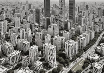 Aerial view of a sprawling urban development with a mix of commercial and residential buildings. Central open space with a circular design, surrounded by brick facades and multiple streets with cars and greenery. Highway visible in the distance along with a dense tree line.
