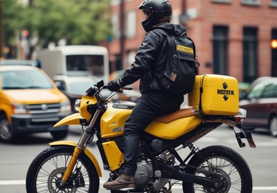 A GrabFood delivery person wearing a green uniform and helmet is riding a motorbike in a busy urban street amid traffic. The rider has a large insulated delivery bag on their back that features the GrabFood logo.