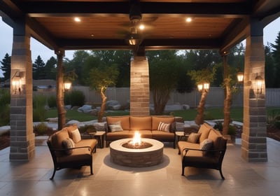 Newly constructed patio cover with stone fireplace