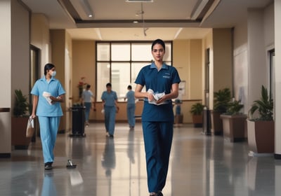 A large, modern building with blue-tinted glass windows and light-colored walls, surrounded by a landscaped area with trees and bushes. There is construction equipment, including a crane, in the foreground, indicating ongoing work.