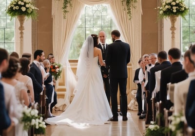 Two people are using professional video equipment in a venue with a large chandelier and various technical equipment around. The setting suggests preparation or coverage for an event.