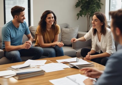 A group of people sits under a colorful tent made of red, yellow, and orange fabric. They appear to be attending a workshop or class. A chalkboard on the left lists a schedule with topics like 'Food as Medicine' and 'Healthy Lifestyle.' The participants sit on mats and blankets, listening to someone speaking at the front. The atmosphere is casual and relaxed with shoes and personal items placed on the grass nearby.