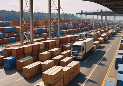 A large industrial storage yard filled with colorful shipping containers and trailers. The containers are stacked and aligned in rows, displaying various brand logos and colors. There are few vehicles parked nearby, and the area seems to be used for logistics or transportation purposes.