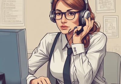 a woman in a tie and headphones is sitting at a desk