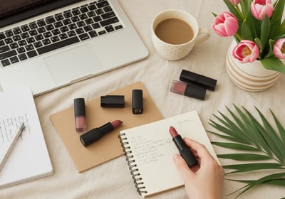 a person holding a notebook and lipstick