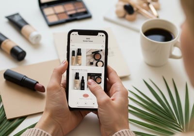 a woman holding a phone with a cup of coffee and makeup products