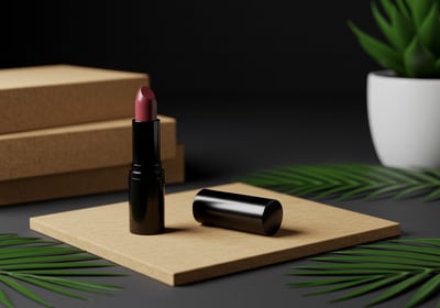 a lipstick displayed on a wooden block