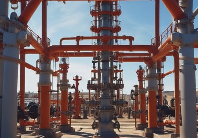 A large offshore oil platform is seen framed by the window of a structure, showcasing various pipes, cranes, and walkways. The platform is orange and surrounded by calm blue ocean under a clear sky.