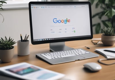 A smartphone displaying a social media profile is placed on a wooden table next to a laptop. The profile includes a picture, name, and details about a creator and photographer. The blue and white interface is visible on the phone screen.