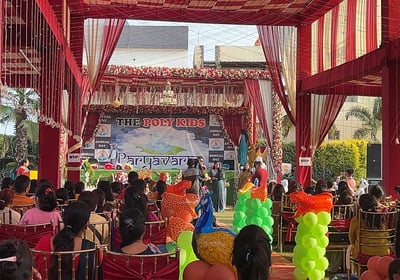 a stage with a stage and a stage with balloons