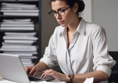 A professional consultation setting with a medical professional sitting at a desk facing a client. The room has a modern aesthetic with white walls decorated with framed certificates. The desk is organized with office supplies, a laptop, and a fruit bowl in the center.