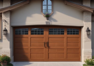 A decorative garage door with horizontal stripes in a variety of bright colors. Above the door is a sign with blue letters reading 'Humber'. The building facade is light-colored and the ground is paved.