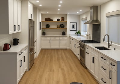 Bright modern kitchen with white shaker cabinets, quartz countertops, in British Columbia