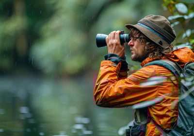 A tourist taking photos in a jungle setting