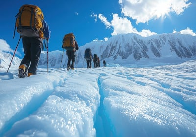 Travelers with backpacks trekking across icy glacier