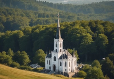 A vibrant hilltop church surrounded by lush greenery with a blurred foreground of orange foliage. The structure is set against a dramatic, overcast sky, creating a contrast between the colorful elements and the dark backdrop.