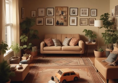 A person is tidying up a living room, holding a container of colorful toy blocks while picking up a toy car from a couch. The room has beige couches, patterned cushions, framed photos on the wall, and a toy dollhouse in the corner. The floor is covered with a geometric-patterned rug.