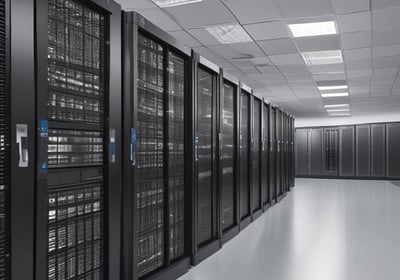 A dimly lit server room with multiple racks of computer servers surrounded by cables and various technical equipment. The space has an industrial feel with visible pipes and ductwork, and a sign on one rack stating 'Do not use'.