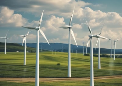 a group of wind turbines in a field