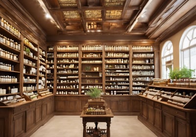 An old pharmacy with wooden display cabinets filled with various bottles and containers. A mannequin wearing a white lab coat stands behind the counter. Several framed photographs and vintage advertisements adorn the walls. The atmosphere invokes a sense of nostalgia and history.