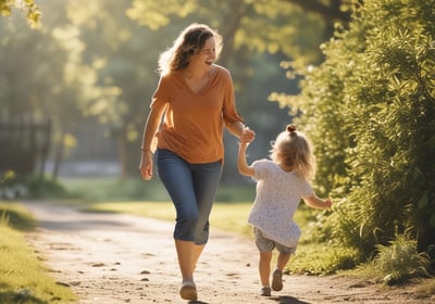 mother running with child laughing