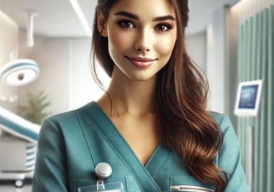 a woman in a green scrub suit and a nurse