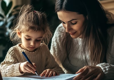 Una niña de unos 4 años escribiendo en un cuaderno con su madre al lado acompañándola.