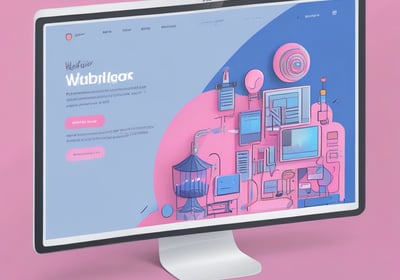 A web browser window displays a landing page for Webflow, featuring a tagline about building web content visually without coding. The background transitions from blue to pink, with various web design interfaces and tools depicted. Logos for partner companies are aligned at the bottom.