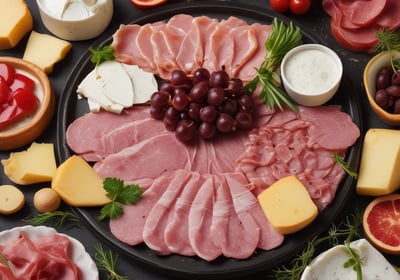 a plate of food with cheese, crackers, and crackers