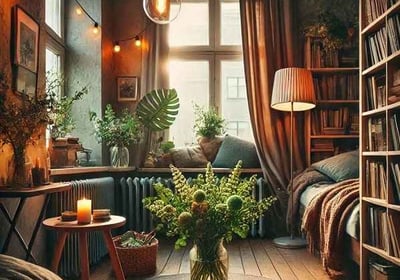 A cozy home with a bookshelf, green plants in pots, and rustic yellow lights, creating a peaceful energy-clearing space