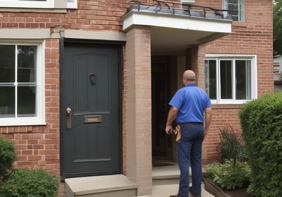 A smart video doorbell is mounted on a deep blue door with a blurred out number plate in the background.