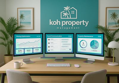 a desk with three monitors and a monitor screen
