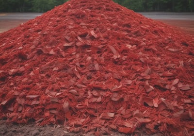 A collection of small, irregularly shaped mulch fragments in shades of red and pink mixed with some twigs and a small green plant in the lower left corner.