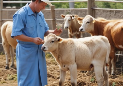 A rustic village setting features traditional mud-brick houses with thatched roofs, and livestock such as cows grazing in the foreground. Large bundles of corn are stacked on wooden structures, and a person is tending to the animals under a clear blue sky.