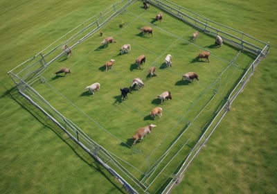 A barn interior featuring several cows tethered in stalls, with farmhands attending to them. The barn has concrete walls, a high ceiling, and a large opening at one end allowing natural light to enter. A farmer holding equipment walks along the center aisle lined with straw.