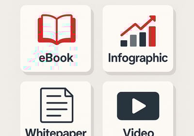 Four download option cards on light gray: a red open-book icon labeled ‘eBook,’ a red-and-gray bar.
