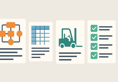 Four document templates on a soft gray background: an orange flowchart diagram, a blue spreadsheet.