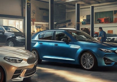 a blue car parked in a garage for car maintenance