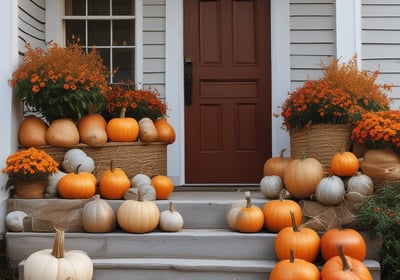 A vibrant garden scene filled with colorful autumn foliage. Dominant red leaves on trees create a striking contrast with the surrounding greenery. A small birdhouse with a teal roof is positioned behind a brick structure adorned with festive wreaths and garlands.