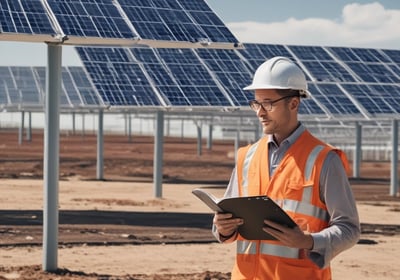 A person is setting up a solar panel with the branding 'Newpowa' visible in bright green text on a gray background. The panel is being placed on a sandy surface.