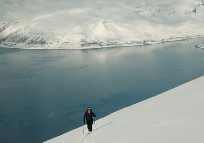 a person on skis on a snowy mountain with a fjord view in the Lyngen Alps in Norway