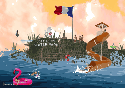 Surreal digital artwork of Fort Louis transformed into a water park with waterslides, swimmers and a