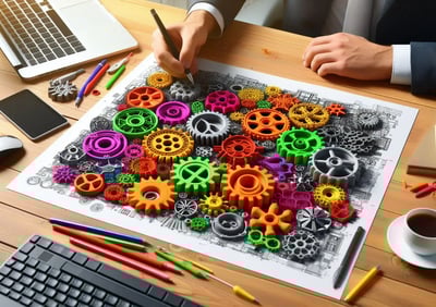WIKXY Brightly coloured, taylormade 3D printed gears on the table. Available at WIKXY 3D Printing in Stoke-on-Trent.