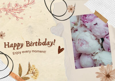 a birthday card with a photo of peonies flowers