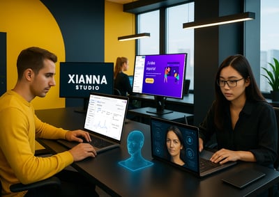 Hombre y mujer trabajando en una oficina "Xianna Studio" con IA Generativa