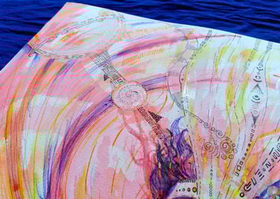détails autoportrait de Naía à l'aquarelle aux tons rouges, avec un flux d'information qui s'échappe de sa bouche