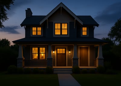 house basking in evening sun with gentle lighting throughout