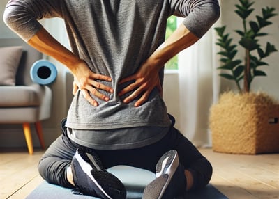 a man with a back pain sitting on a yoga mat